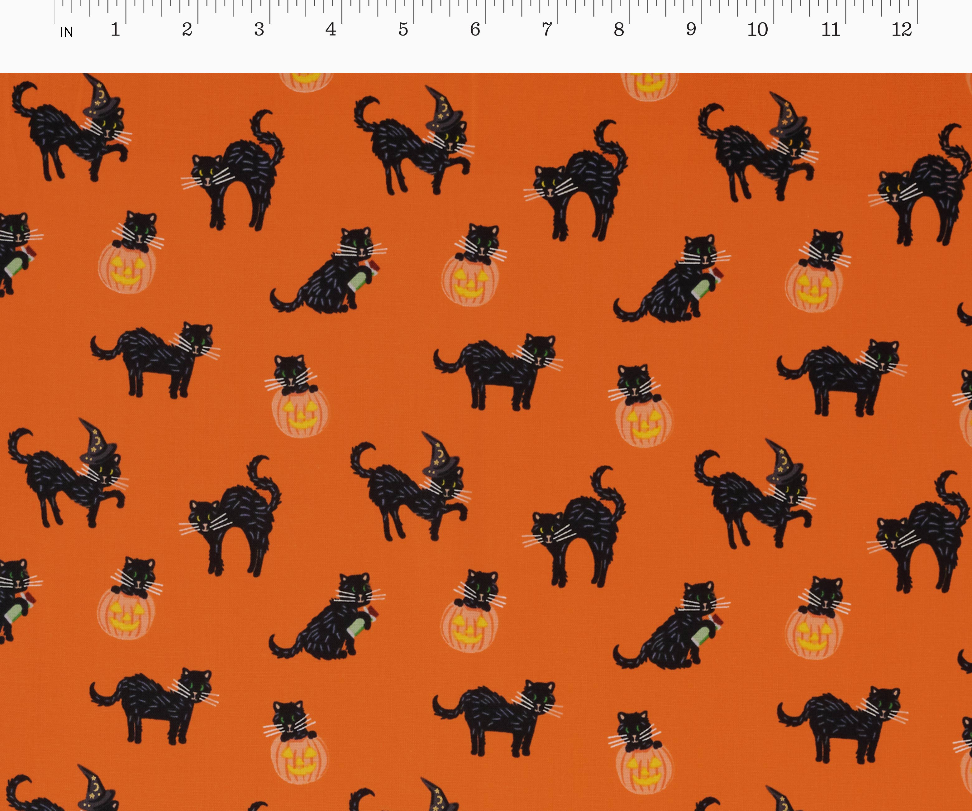 Black Cat Cotton Metallic Fabric - Orange