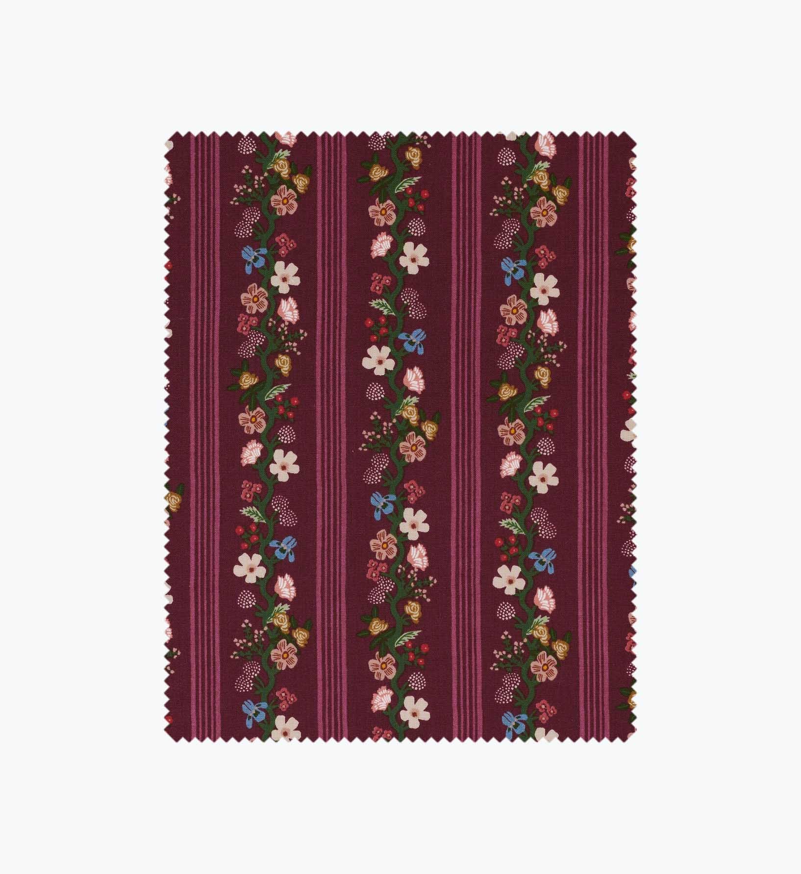 Floral Trellis Stripe Cotton Fabric - Burgundy