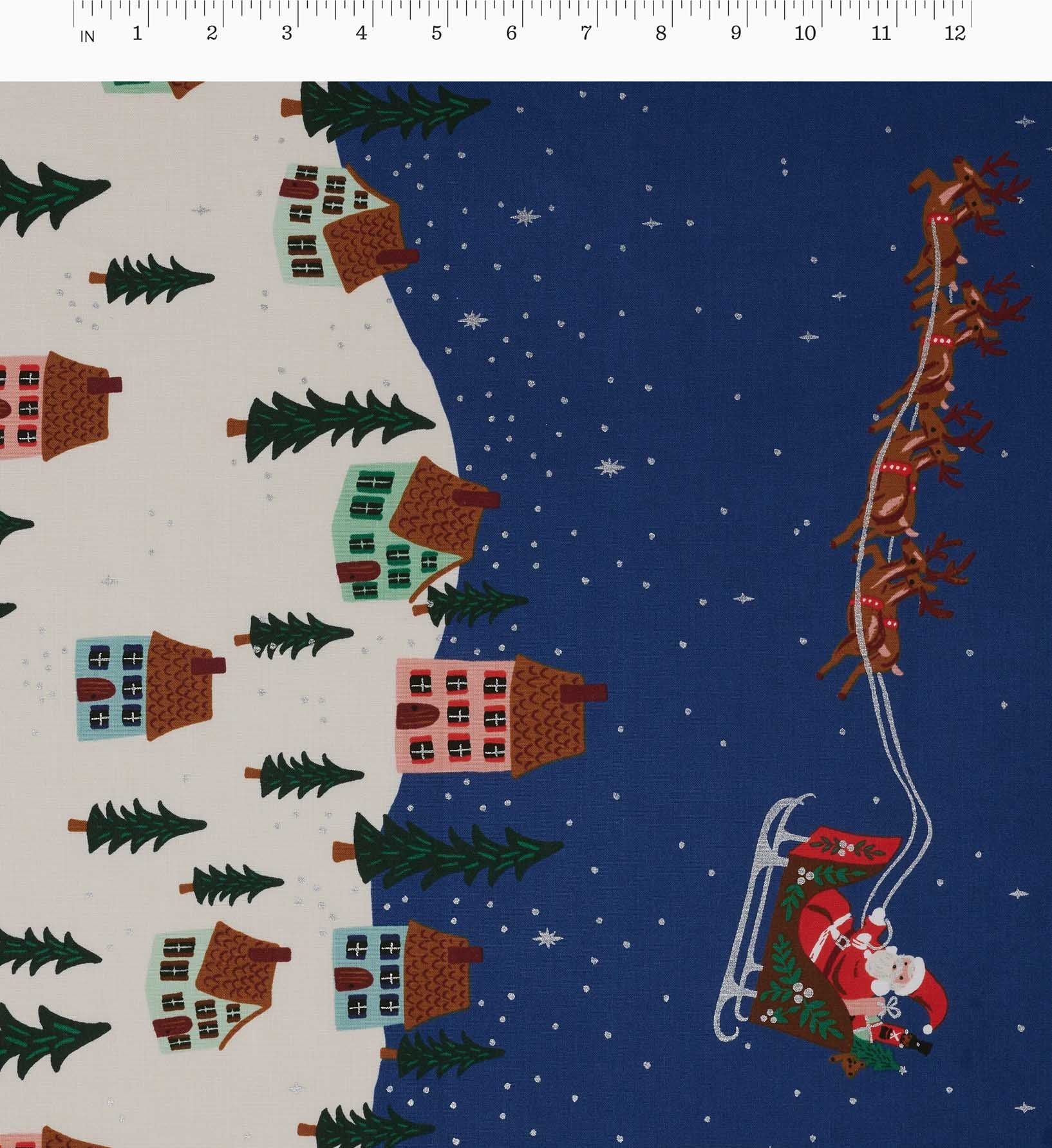 Santa's Sleigh Cotton Metallic Fabric - Navy