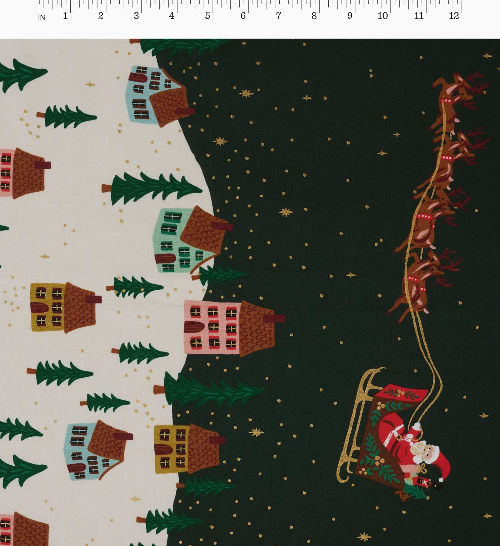 Santa's Sleigh Cotton Metallic Fabric - Evergreen