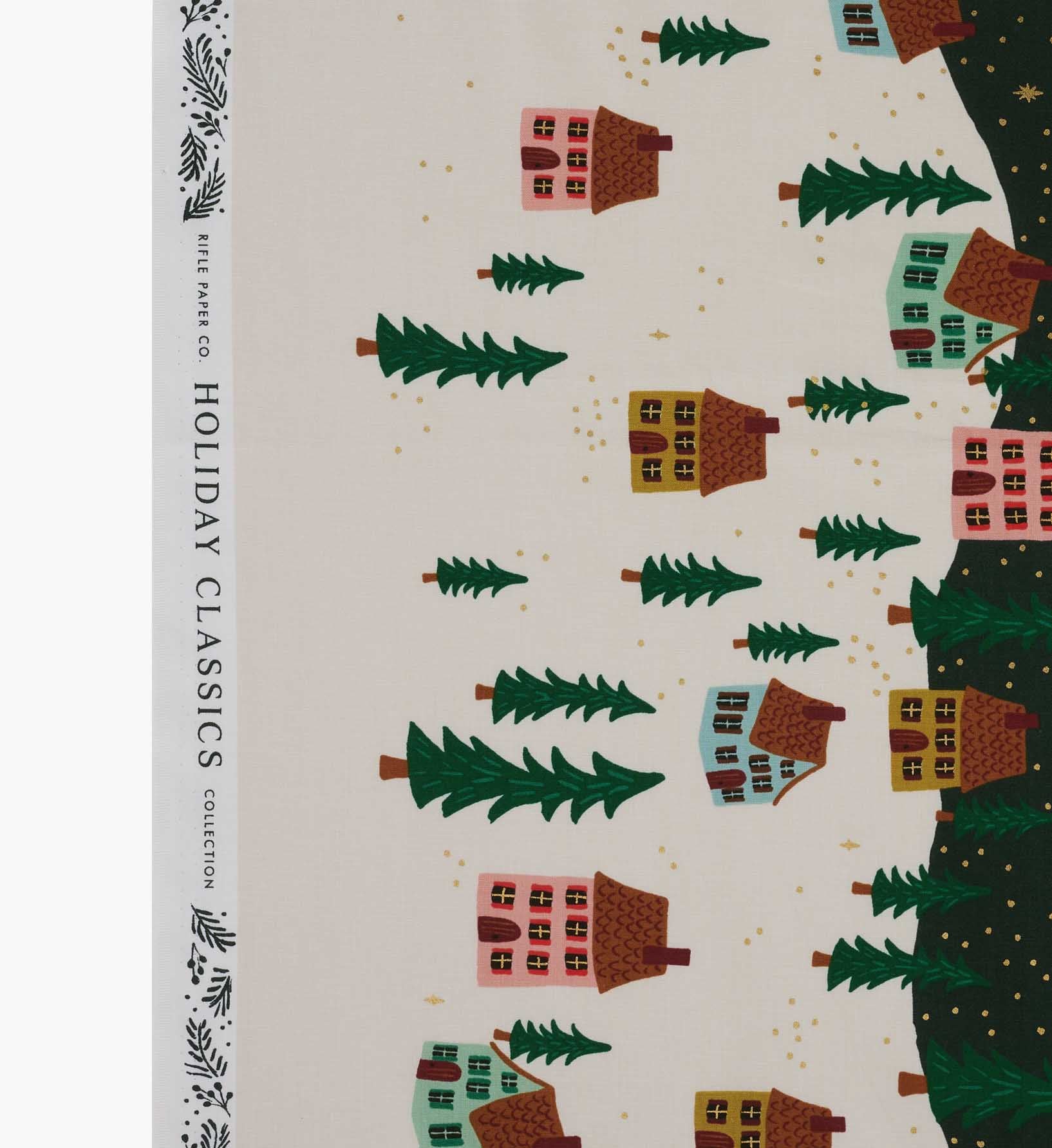 Santa's Sleigh Cotton Metallic Fabric - Evergreen