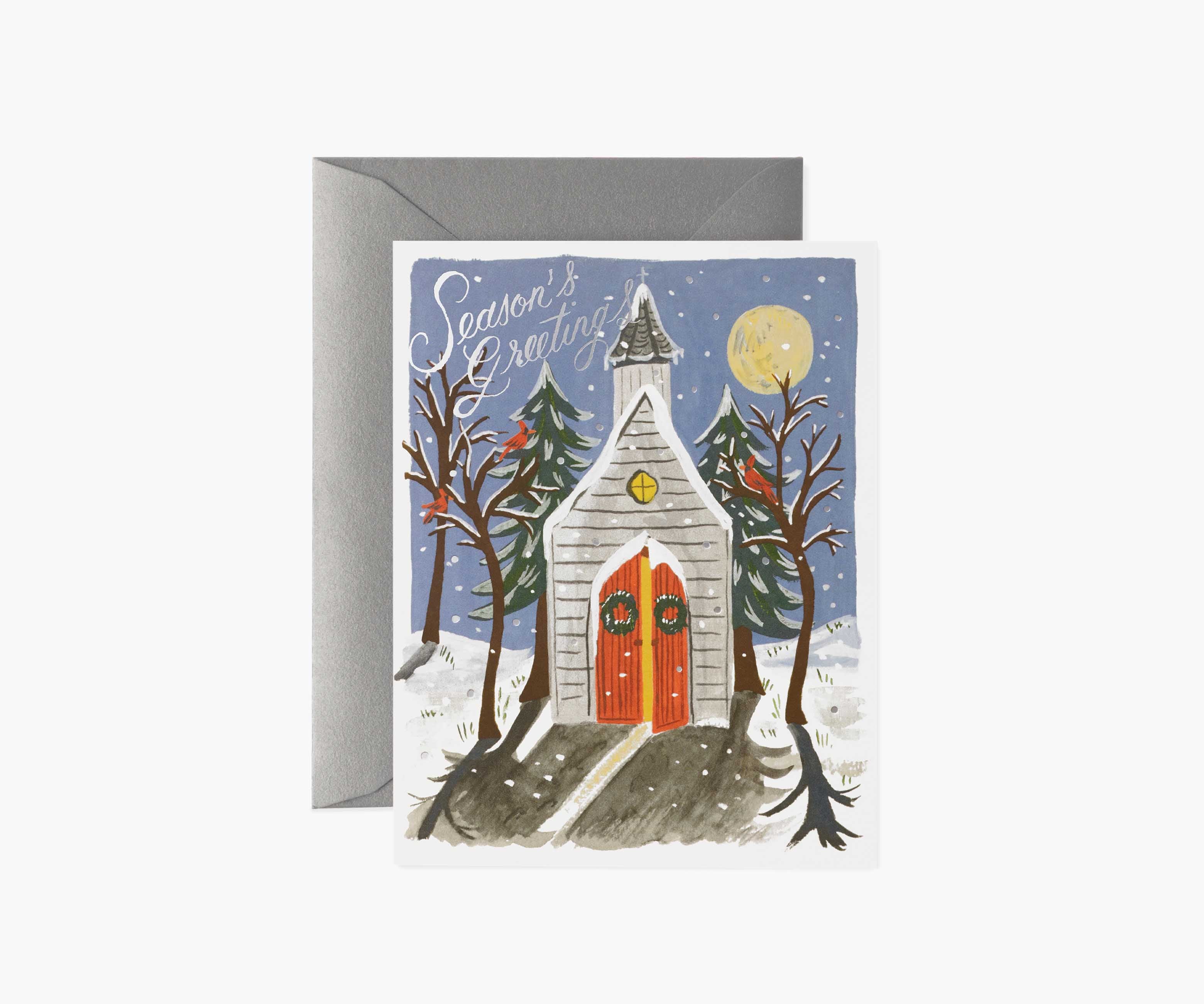Winter Chapel Greetings Holiday Card - Single Card