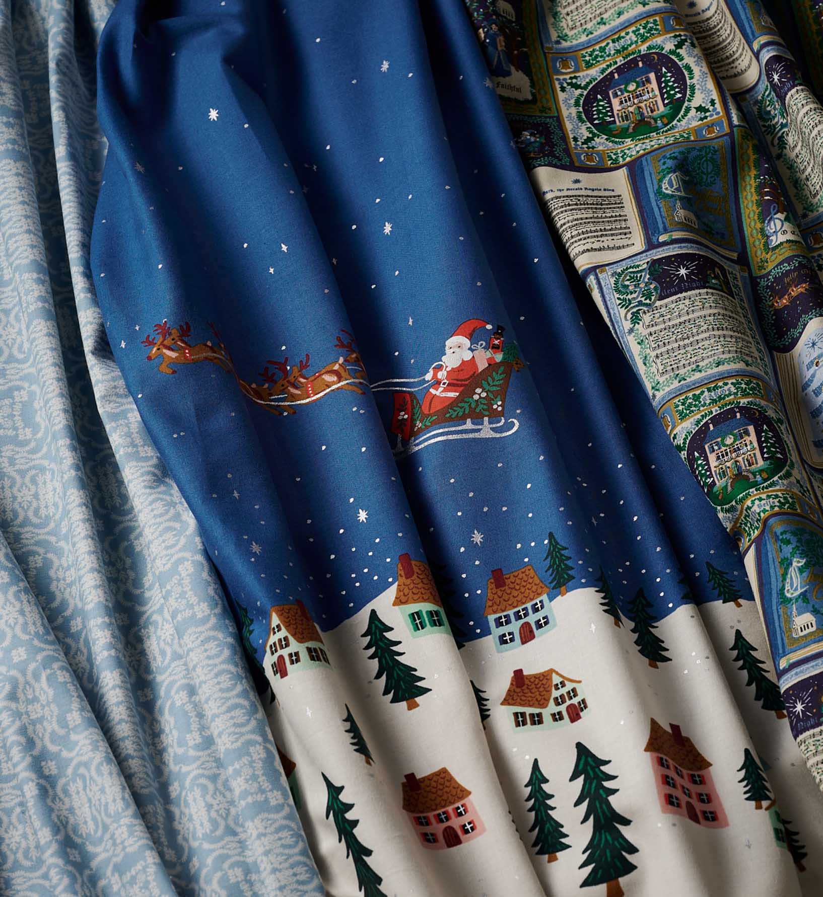 Santa's Sleigh Cotton Metallic Fabric - Navy