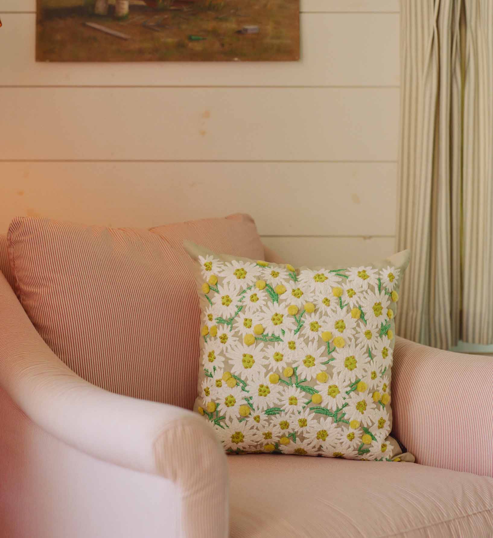 Daisies Embroidered Pillow - Khaki