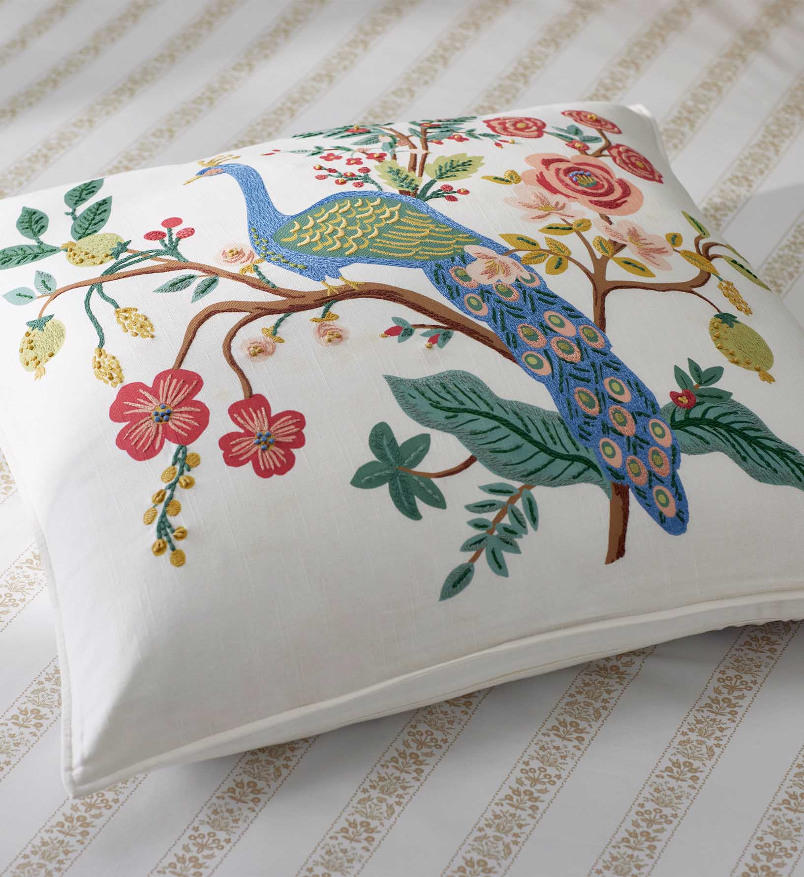 Embroidered Pillow Cover - Peacock Ivory