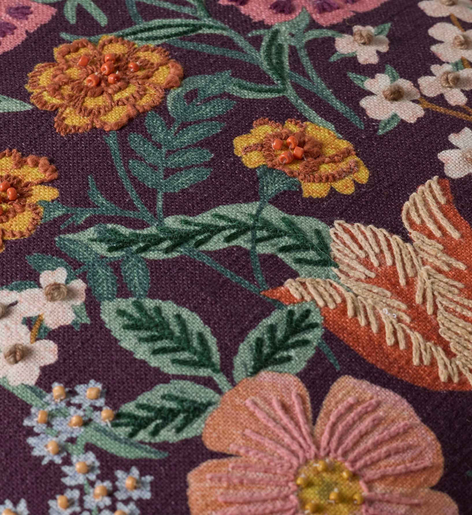 Burgundy Blossom Embroidered Pillow - Burgundy
