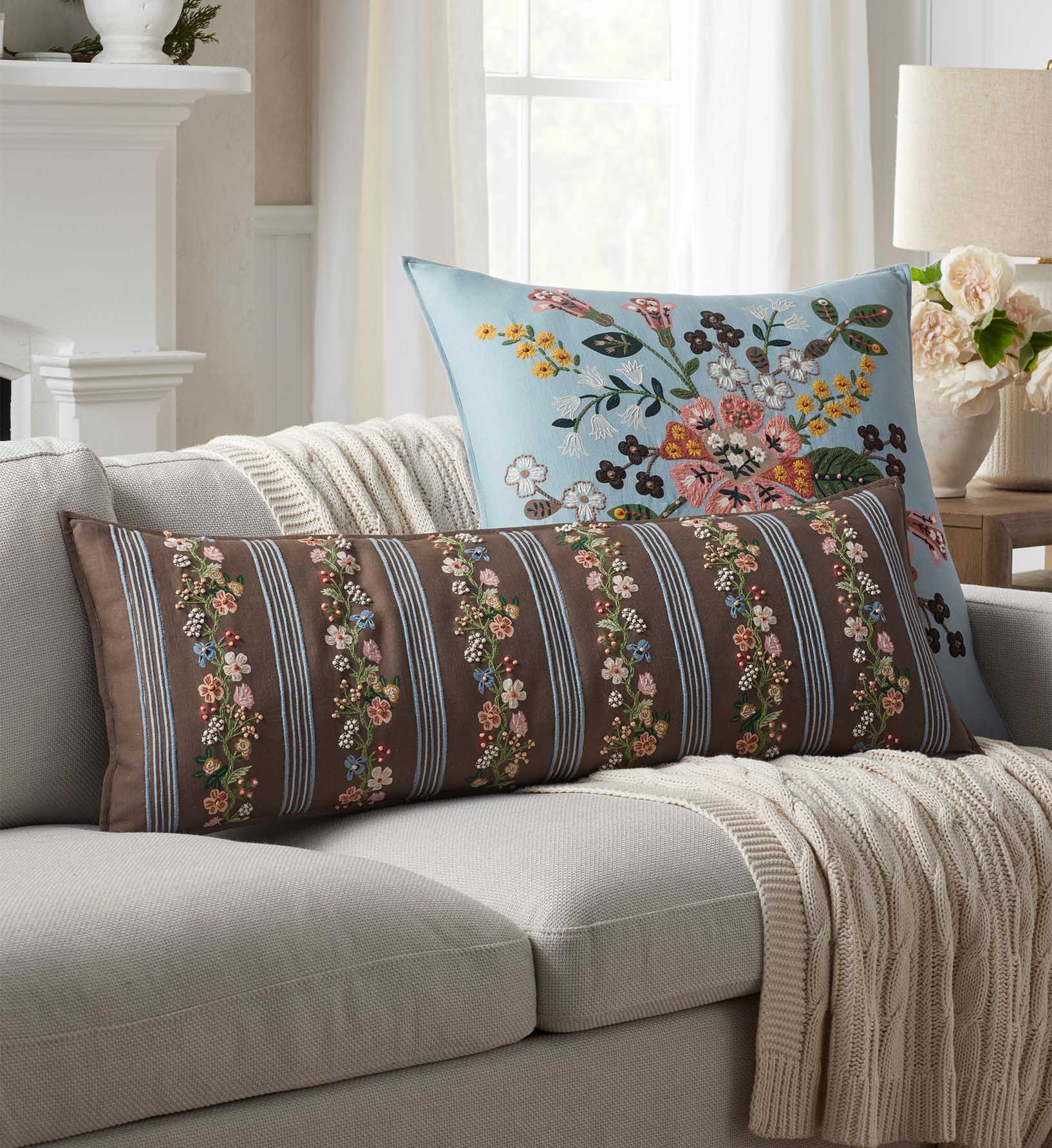 Embroidered Lumbar Pillow Cover - Floral Trellis