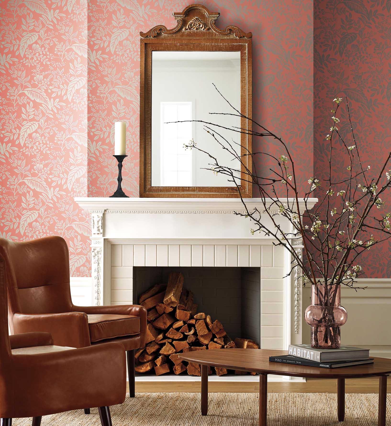 Canopy Wallpaper - Rose & Metallic Silver