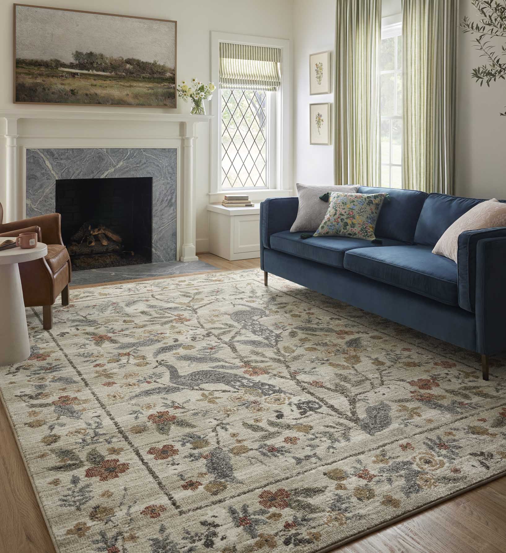 Laurel Peacock Garden Power Loomed Rug - Cream